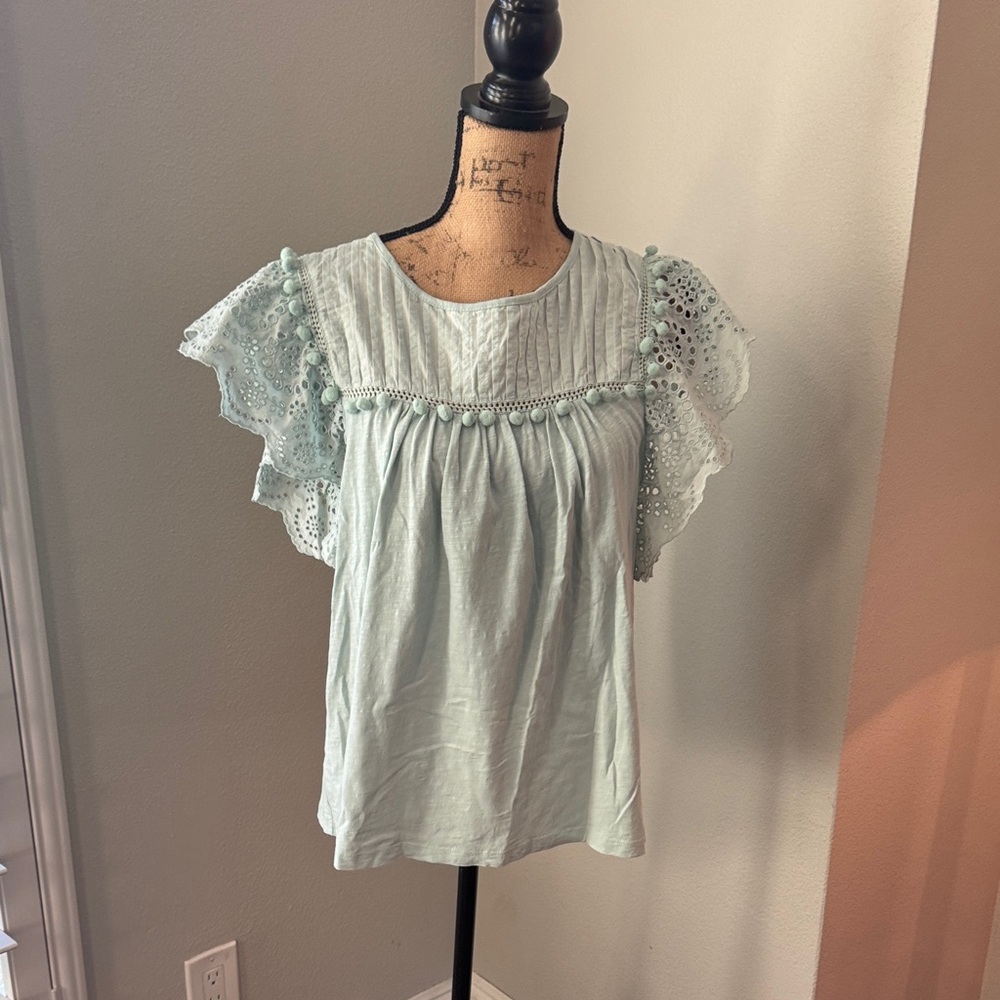 Lot of 2 jcrew Red and Light Green Lace Sleeve Tops - Picture 2 of 9